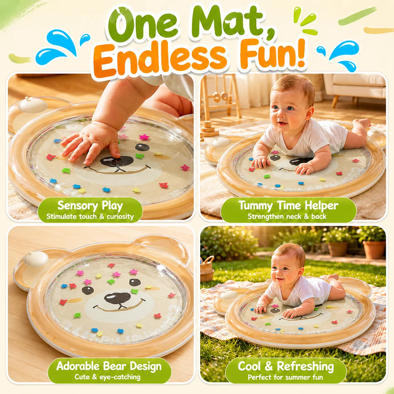 1PC Tummy Time Water Mat, Inflatable Sensory Play Pad, Water Filled Pat Mat Infant Floor Activity Toy for Toddlers