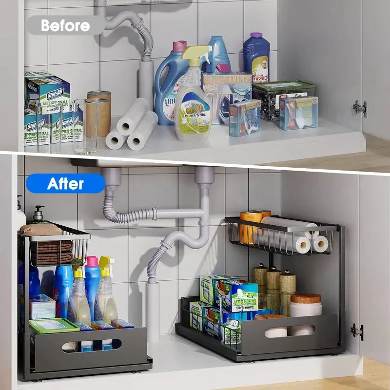 Double-layer Sliding Rail Basket Under-Sink Storage Rack Bathroom & Kitchen Storage