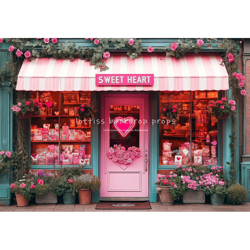 Romantic Cafe Front With Rose Backdrops Kids Baby Photography Child Photocall Sweet Heart Pink Floral Stores Backgrounds