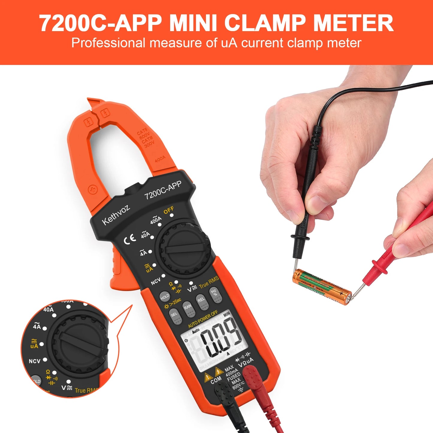 Kethvoz Clamp Meter NCV Multimeter 4000 counts with Smart APP,AC/DC TRUE-RMS LCD Display  Lamp Light Data Hold. KE-7200C-APP
