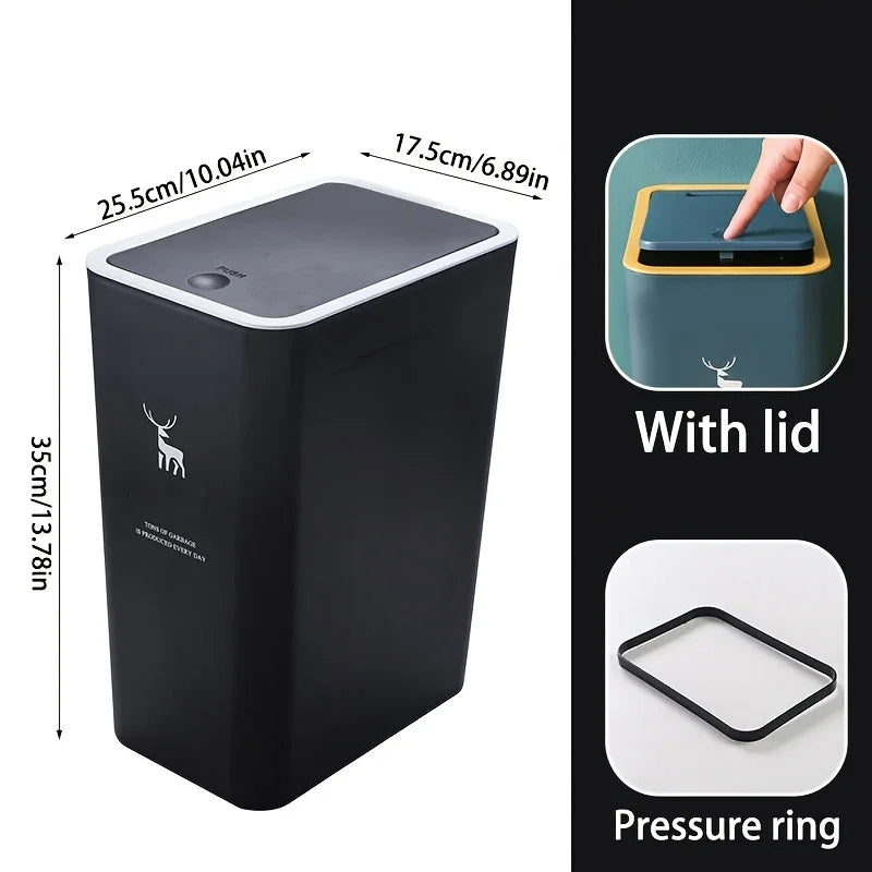 1pc Bathroom Trash Can 15L Garbage Can with Press Top Lid for Kitchen, Bedroom, Living Room Plastic Wastebasket with Pop-up Lid