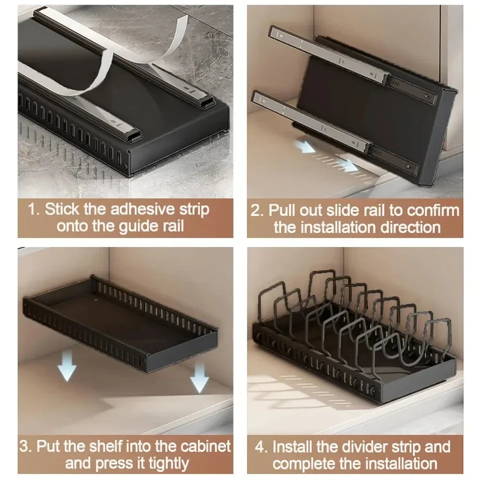 1Pc Adjustable Pull Out Pot Pan Rack Kitchen Cabinet Organiser, Expandable Kitchen Storage Holder for Pots Pans Lids Dishes