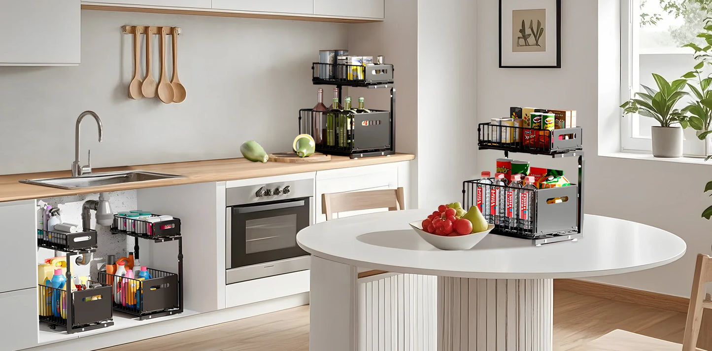 2 Tier Pull Out Cabinet Organiser Adjustable Under Sink Storage Rack Slide Out Drawer Kitchen Spice Jar Storage Shelf
