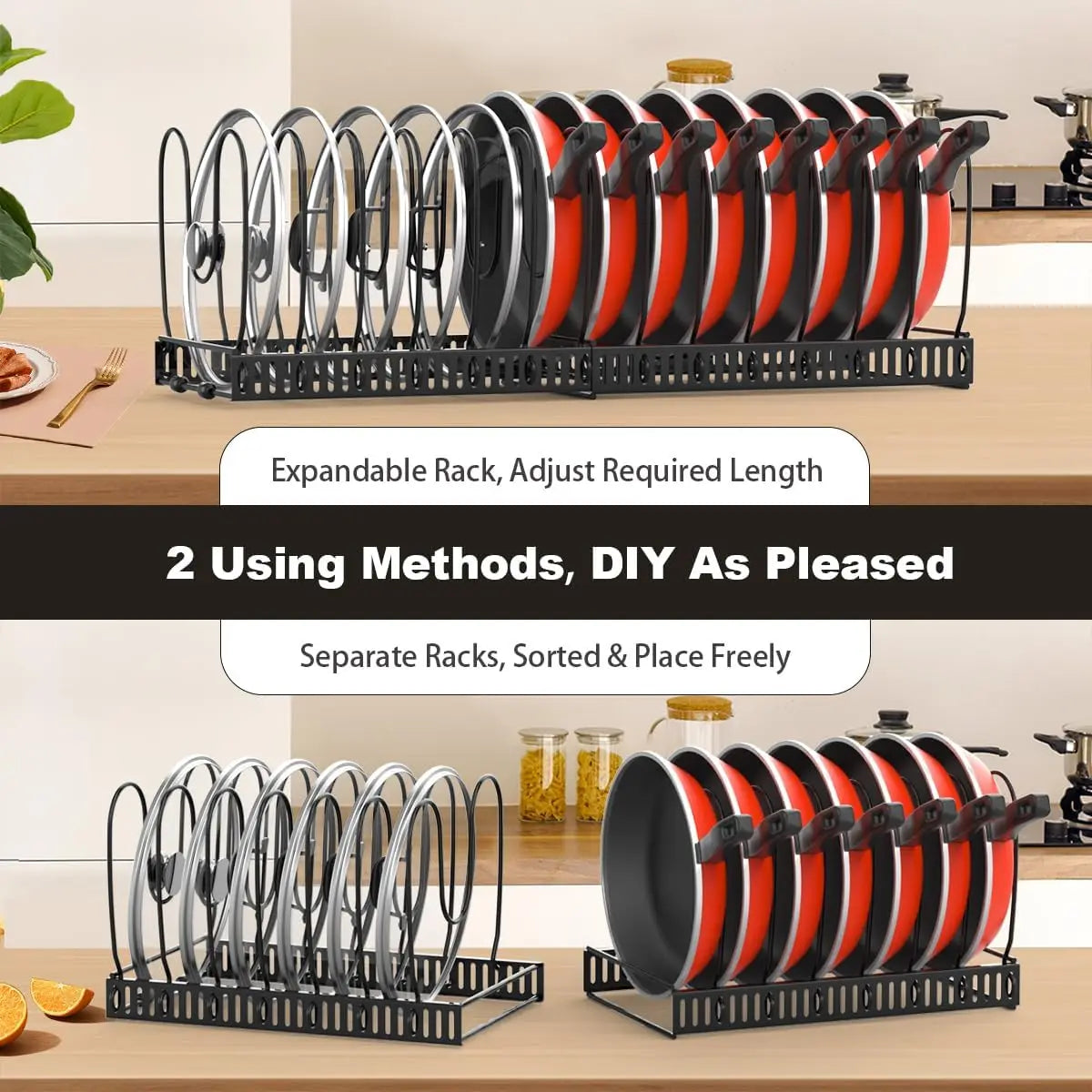 Pot and Pan Organiser Rack for Cabinet Expandable Pot Lid Organizer Holder with 10 Adjustable Dividers