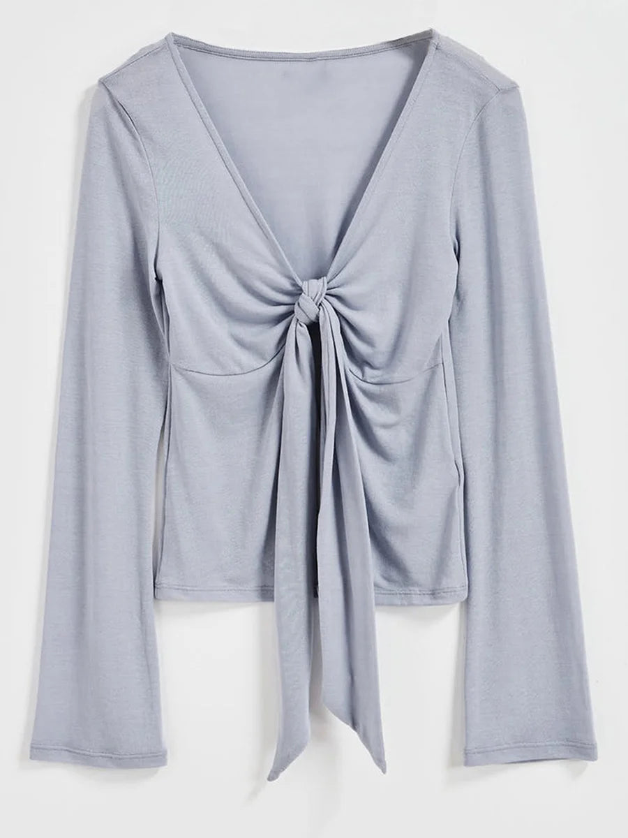 Women's Spring Summer Slimming Crop Tops Long Sleeve V Neck Tie Up Solid Color Trendy T-shirt