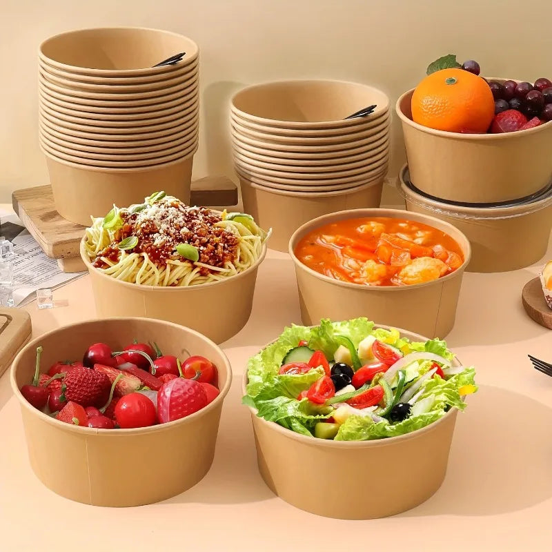 15/30PCS Kraft Paper Bowls Disposable Bowls with Lid Salad Vegetable Soup Kitchen Restaurant Party Snack Storage Supplies