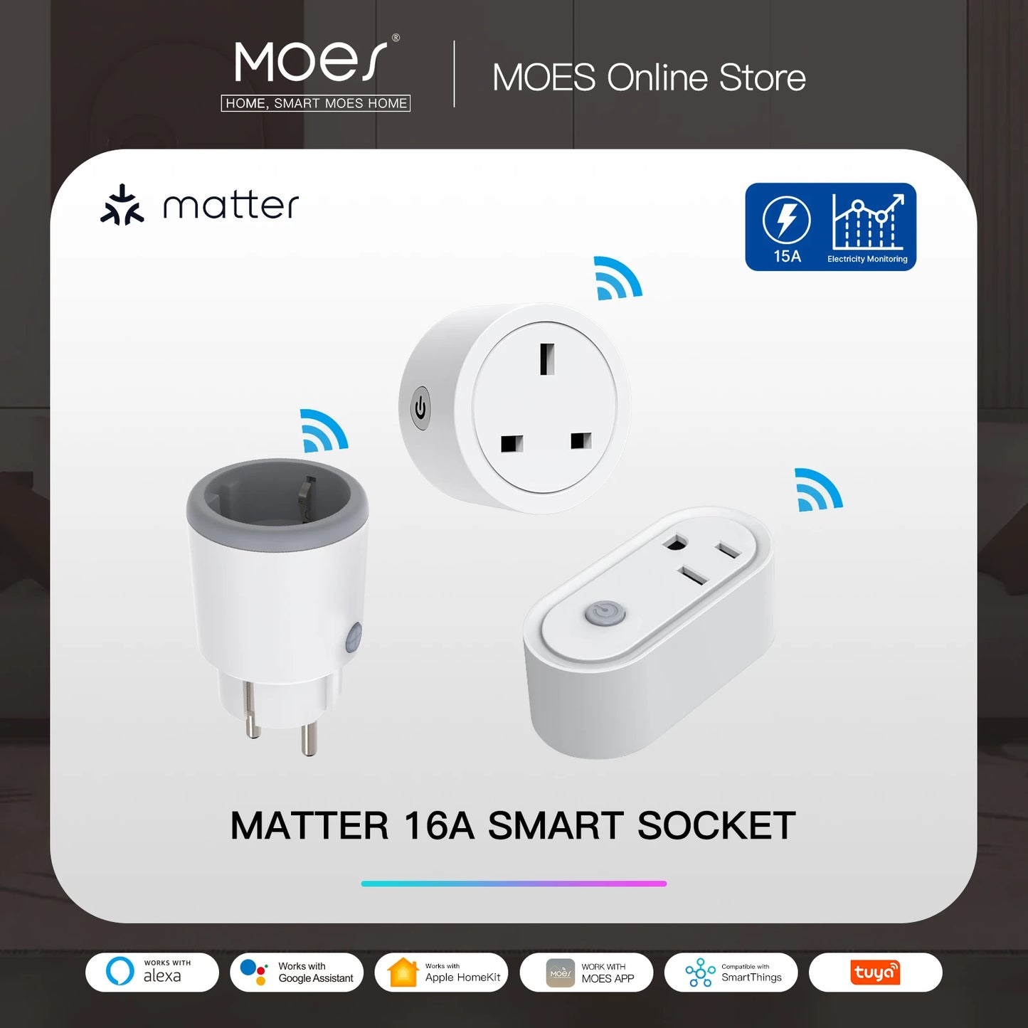 MOES Smart EU/US/UK Plug Matter WiFi Socket 15/16A Timer Outlet Power