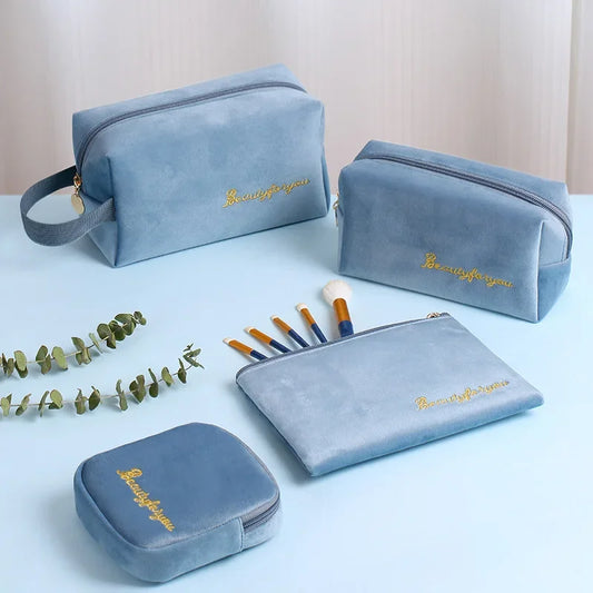 Plush Cosmetic Bag for Women – Large Zipper Makeup & Toiletry Travel Pouch, Solid Color Beauty Bag