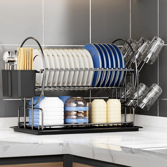 Kitchen 2-Tier Dish Drying Rack with Utensil Holder and Cup Hanger Black Thickened Bowl Plate Drain Rack Storage Organiser