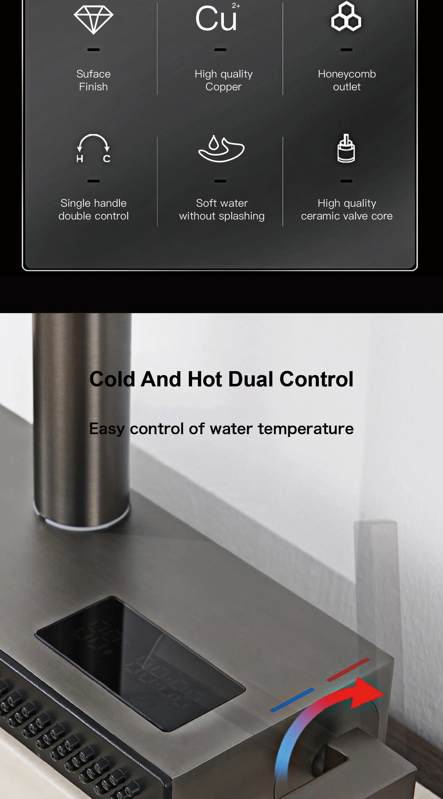 Gun Gray Brass Kitchen Sink Faucet Pull Out Sprayer Hot Cold Mixer Tap LED Digital Display Multifunction 360°Swivel Luxury Crane