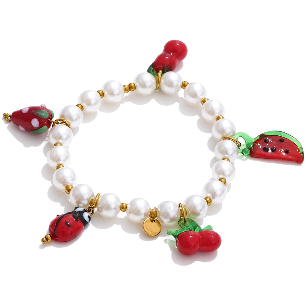 Yhpup 5 Style Trendy Handmade Beads Jewelry Simulated Pearls Chain Fruit Drop Bracelet Bangles Stainless Steel Wrist Accessories