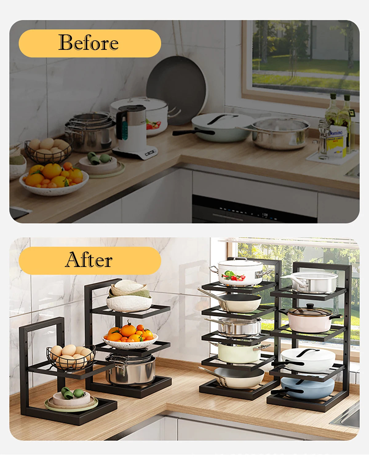 Adjustable Pot Rack Organiser, Kitchen Stainless Steel Pot Storage Rack ,Multi-Layer Household Pot and Pan Organser for Kitchen