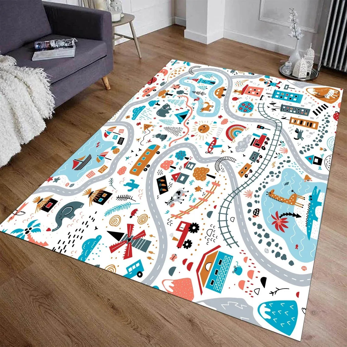 Car Play Mat for Boys and Girls Highway City Traffic-Themed Rugs for Kids Toy Cars Kids Rugs for Playroom Non-Slip Kids Play Rug
