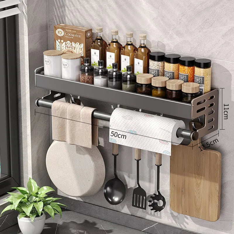 Wall Mount Utensil Holder Multifunctional Spice Organiser Shelf with Hooks Kitchen Hanging Storage Wall Shelf