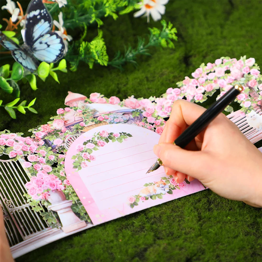 Pink Rose Garden pop-up greeting card, birthday anniversary gift for your lover mother teacher, Spring comfortable cozy kitten