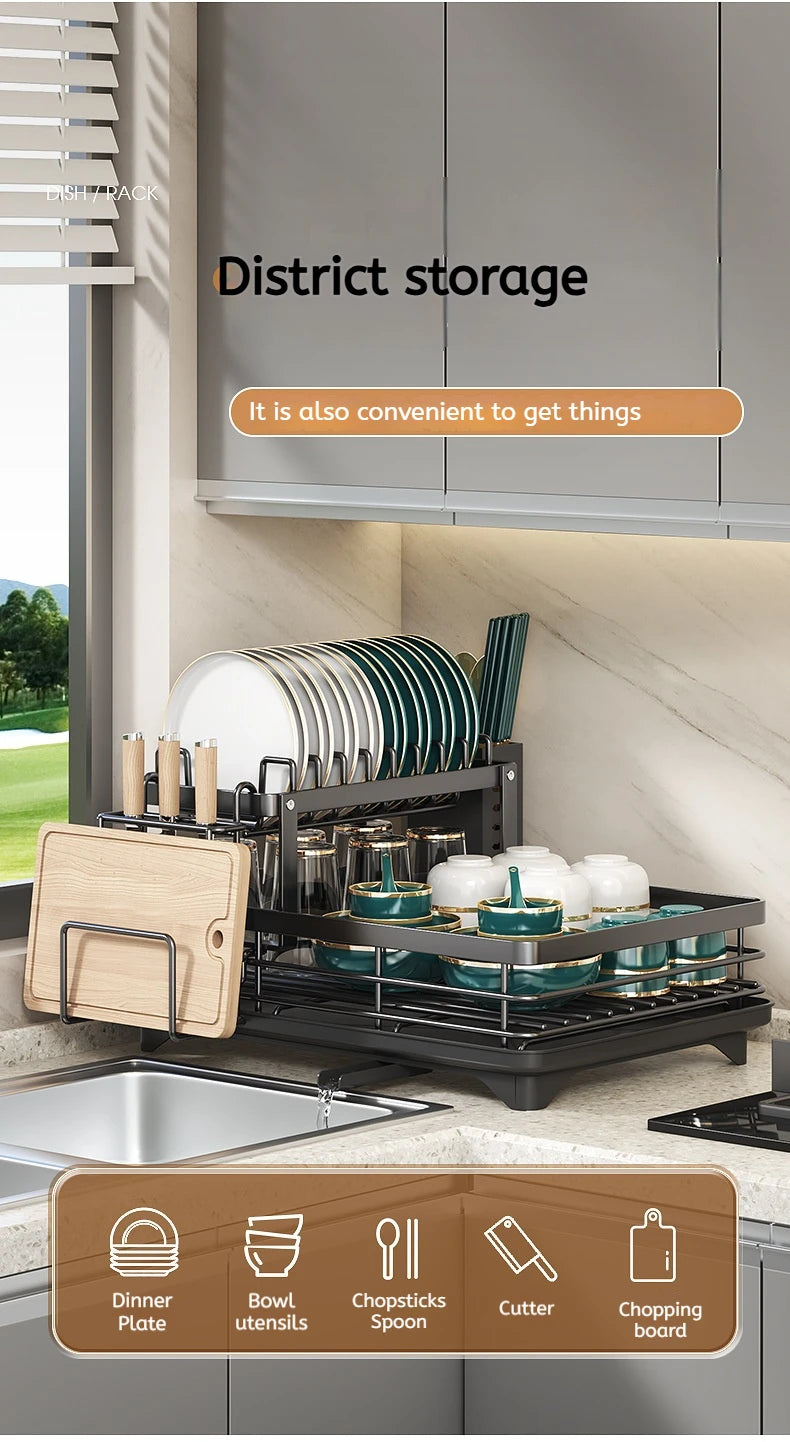 Dish Drying Rack Adjustable Kitchen Plates Organiser with Drainboard Over Sink Plate Drainer Storage Organizer