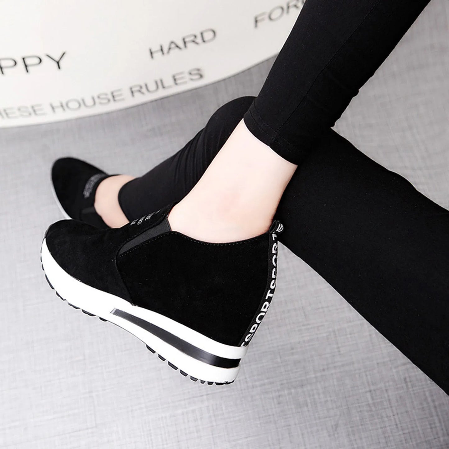 High Platform Shoes 2024 Spring Breathable Suede Sneakers Hidden Increasing Sport Shoes Women Wedge Casual Chunky Shoes