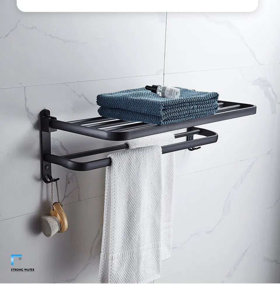 Matte Black 50CM Folding Holder With Hook Towel Holder Wall Mount Aluminum Towel Rack