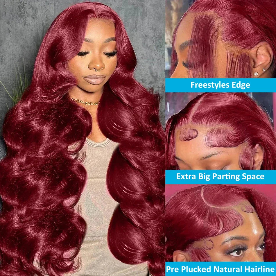 200% Density 99J Burgundy Body Wave 13x6 HD Transparent Lace wigs Frontal Wigs Brazilian Virgin Hair Pre plucked Wigs For Women