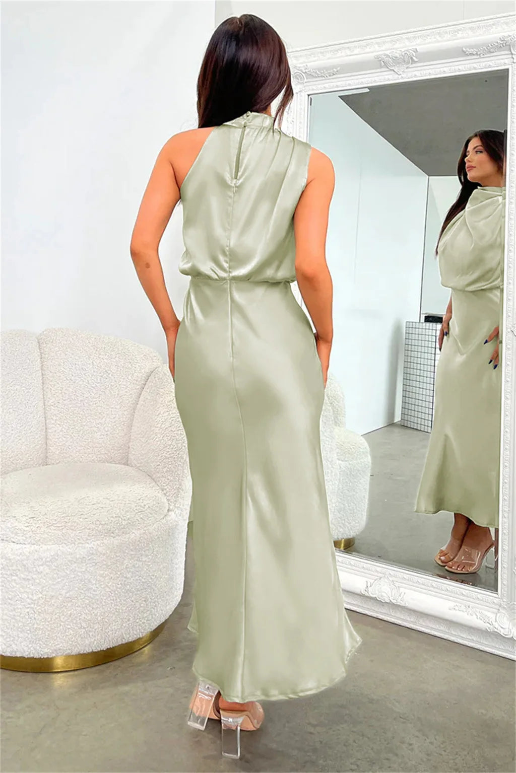 Summer High-End Silk Satin Sleeveless Long Dress Women Fashion Elegant Celebrity Dresses Evening Dress Party Clothes Ladies