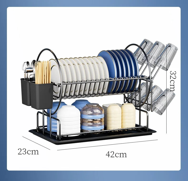 Kitchen 2-Tier Dish Drying Rack with Utensil Holder and Cup Hanger Black Thickened Bowl Plate Drain Rack Storage Organiser