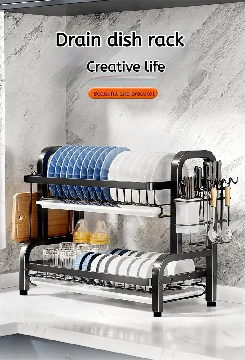 2 Tier Stainless Steel Dish Drainer with Utensil Holder Compact Rust Proof Kitchen Storage Organiser Drying Rack for Dishes