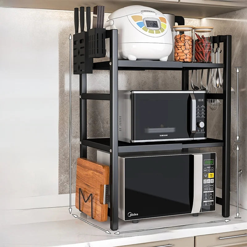 Kitchen Microwave Oven Rack Double Layer Expandable Multi Functional Home Appliance Storage Shelf Carbon Steel No Installatio...