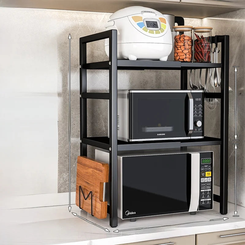 Kitchen Microwave Oven Rack Double Layer Expandable Multi Functional Home Appliance Storage Shelf Carbon Steel No Installatio...