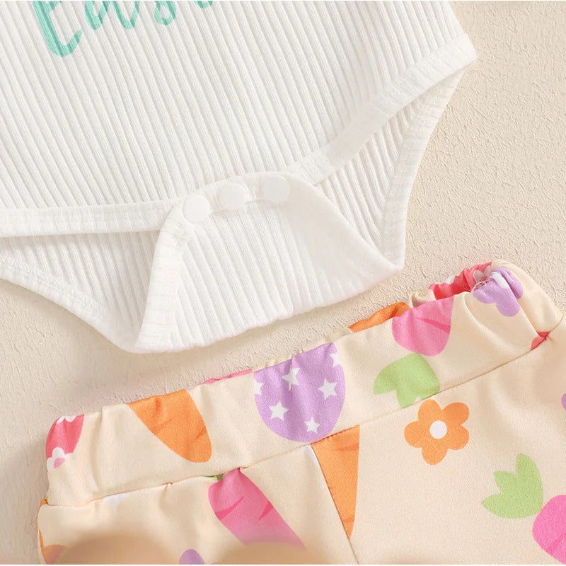 2025 New Set of Baby and Toddler Easter Bunny Print Pit Stripe Bubble Sleeves Flared Pants+headband Three Piece Set