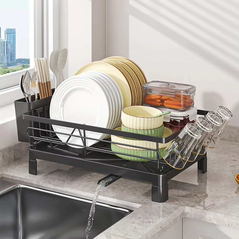 Dish Drying Rack, Rustproof Kitchen Dish Drainer,  Dish Racks with Cutlery Holder Cup Holder & Drainboard, for Kitchen Counter