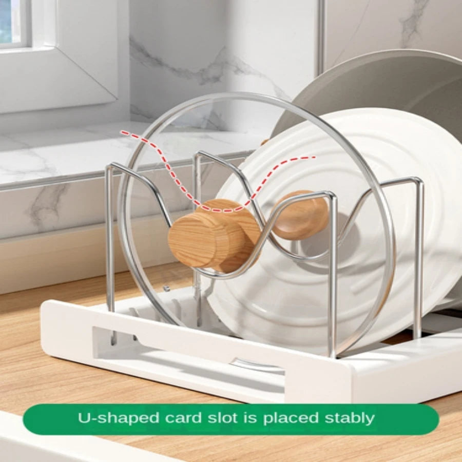 Expandable Pans Organiser Rack 6 Adjustable Compartments Dish Storage Rack Pot Lid Organiser Pots Holder Kitchen Utensils Rack