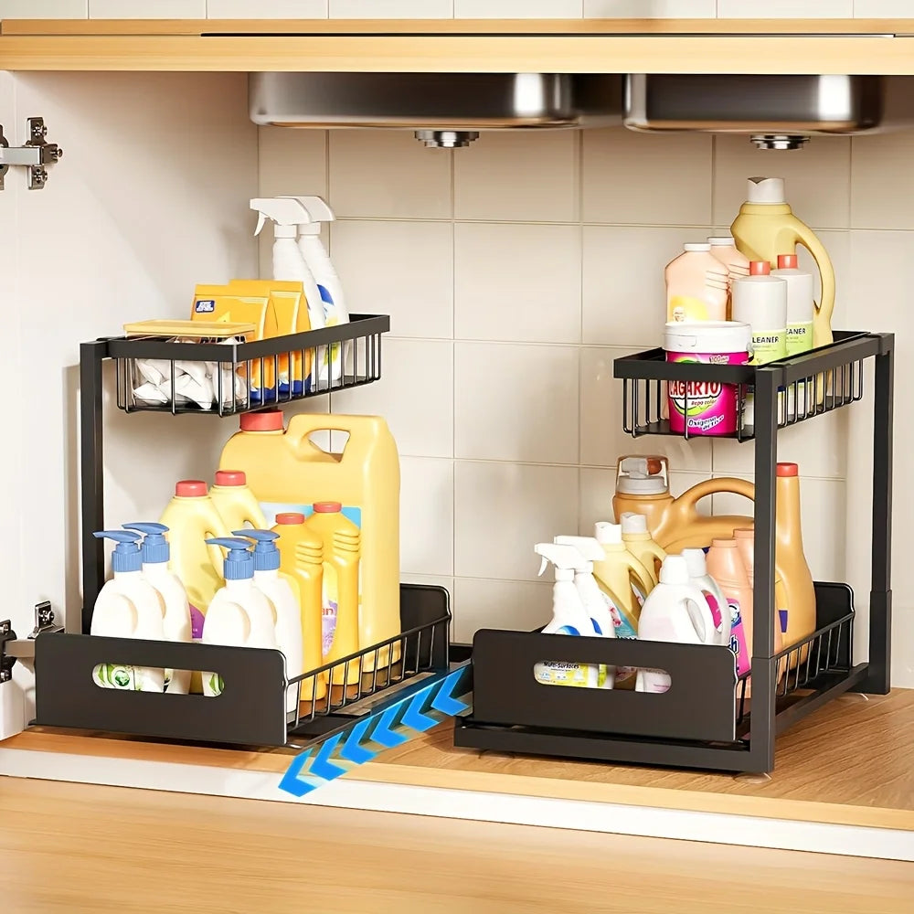 Best 2 Tier Under Sink Organiser Pull-out Sliding Cabinet Storage Basket Kitchen Bathroom Rack for Cleaning Supplies & Spices