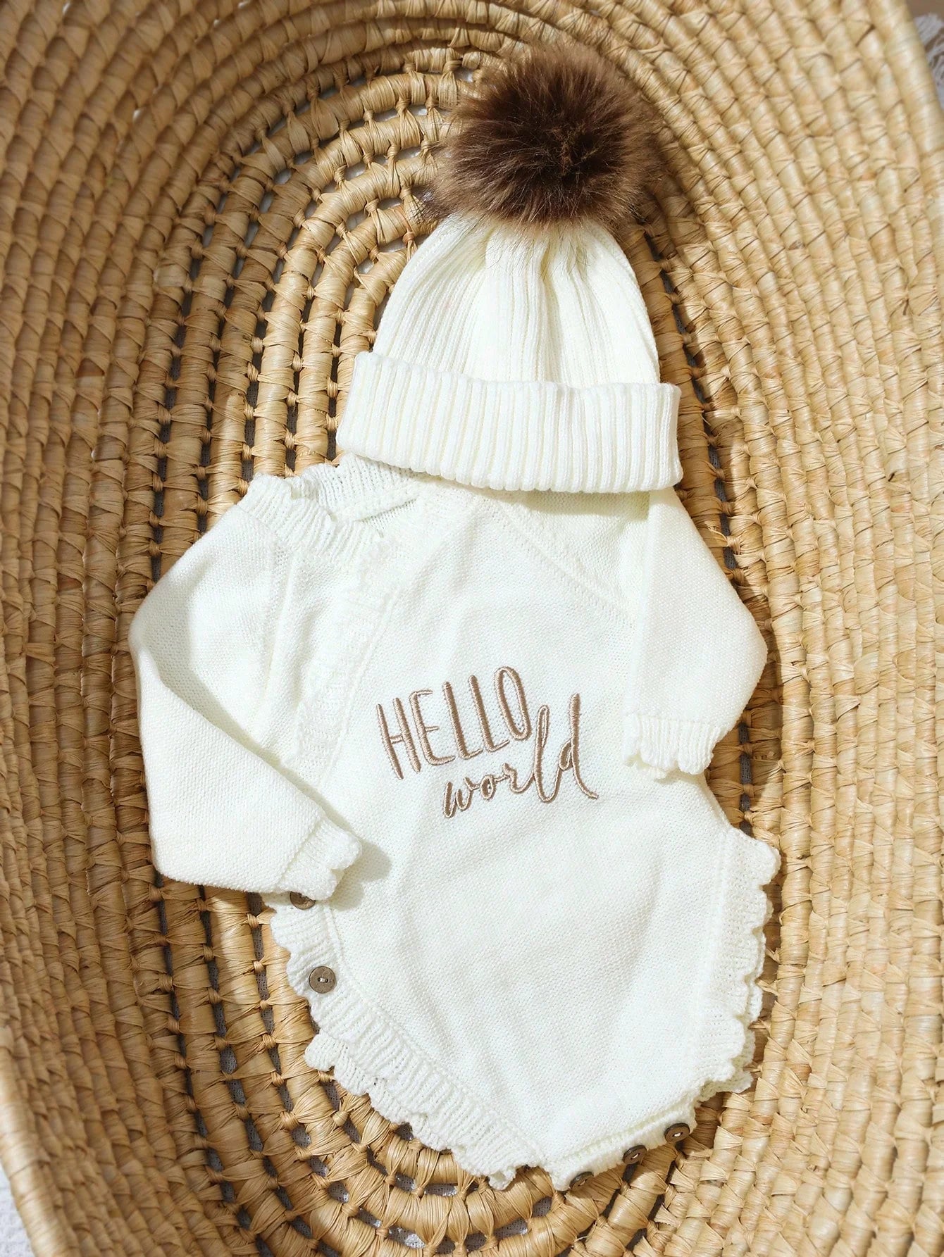 Ylsteed Hello World Knitting Newborn Photography Romper With Matching Pomp Hat Baby Boy Girl Sweater Outfits Photo Shooting-HD