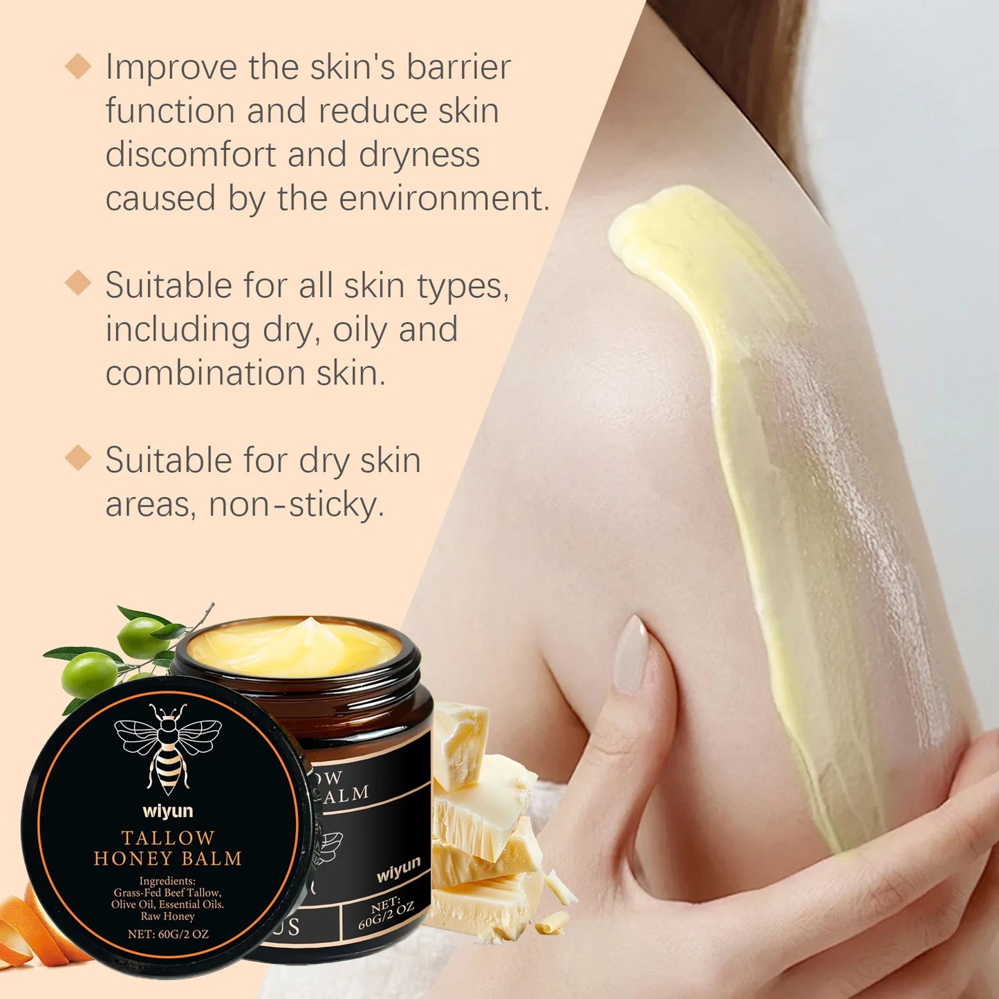 Grass-Fed Beef Tallow Balm with Raw Honey, Moisturising Cream for Soft, Smooth Skin, Beef Tallow for Skin Care, Handmade, Natural Moisturising Cream