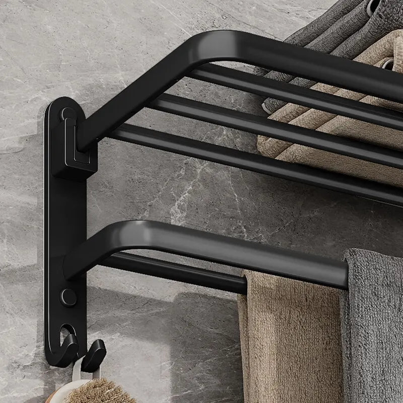 Matte Black 50CM Folding Holder With Hook Towel Holder Wall Mount Aluminum Towel Rack