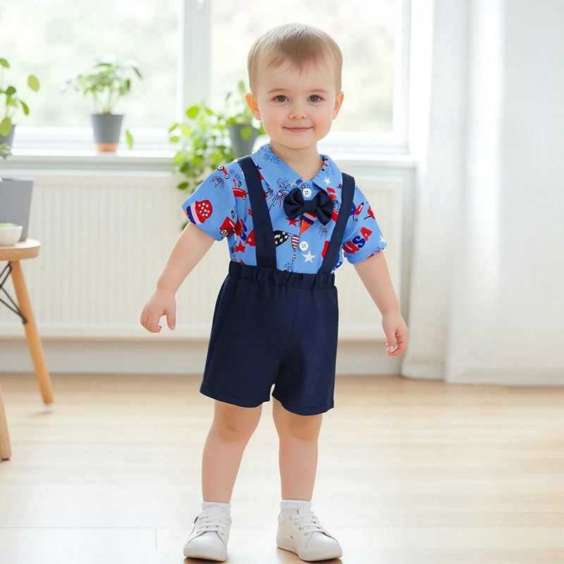 Toddler Boys Independence Day Outfits Short Sleeve Bowtie Romper Suspender Shorts Set Infant Clothing for 4th of July