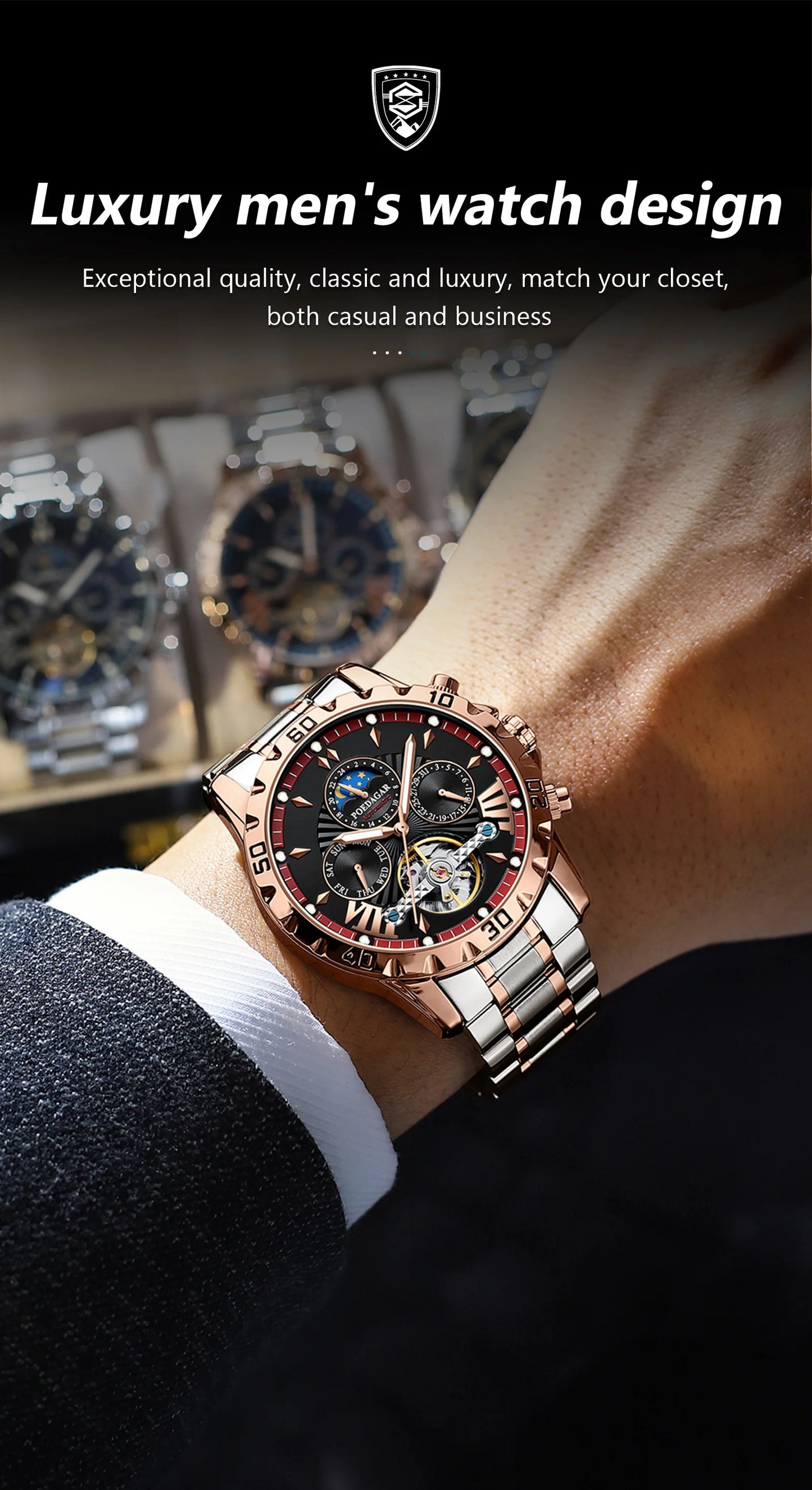 POEDAGAR Luxury Automatic Mechanical Men Watch Hollow Tourbillon Waterproof Luminous Male Clock Week Date Business Men's Watches
