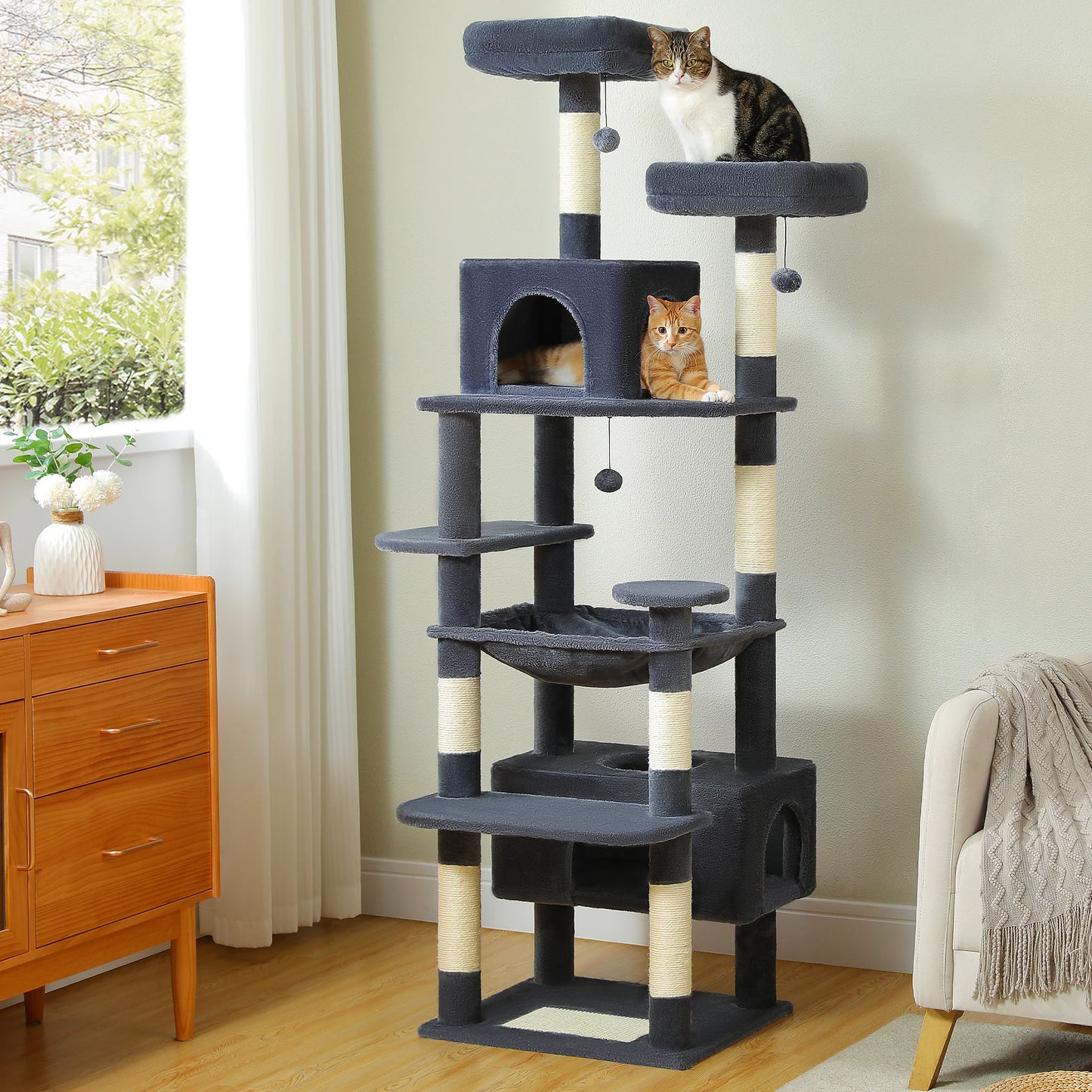 184cm Large Cat Tree and Tower for Indoor Cats With Sisal-Covered Scratching Posts Spacious Hammock Padded Perches and Condos