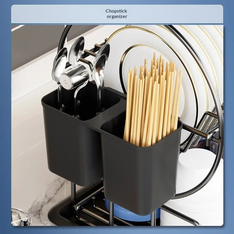 Kitchen 2-Tier Dish Drying Rack with Utensil Holder and Cup Hanger Black Thickened Bowl Plate Drain Rack Storage Organiser