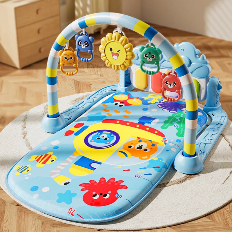 Baby Activity Play Mat with Music & Lights, 5 Detachable Sensory Toys Kick Piano Mat, Tummy Time Game Playmat Easy Assembly Moto