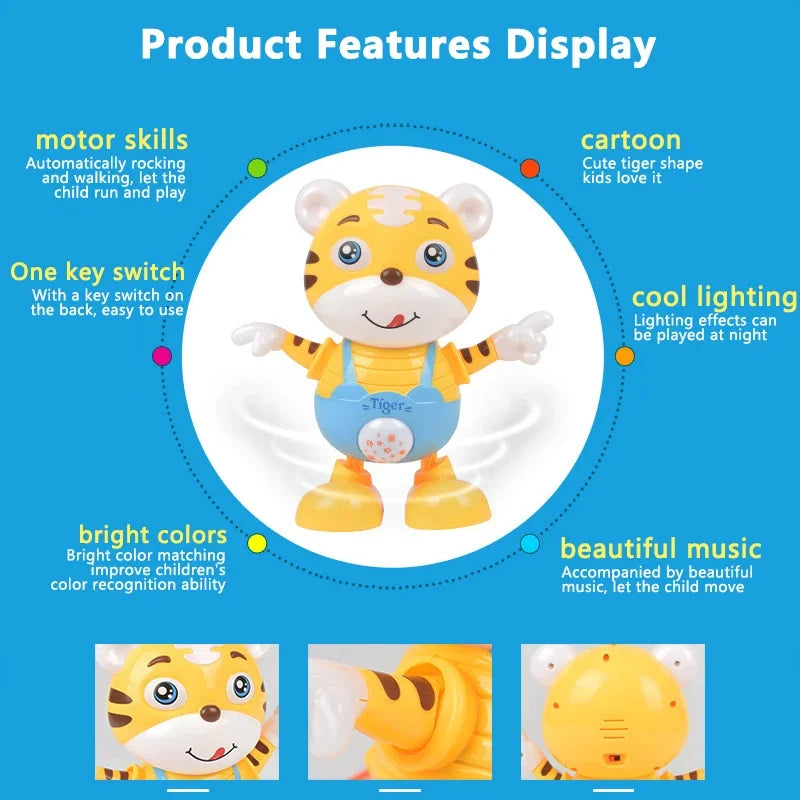 Dancing Electric Tiger Toy – Cute Yellow Cartoon Doll with Music, Lights, and Educational Fun for Kids