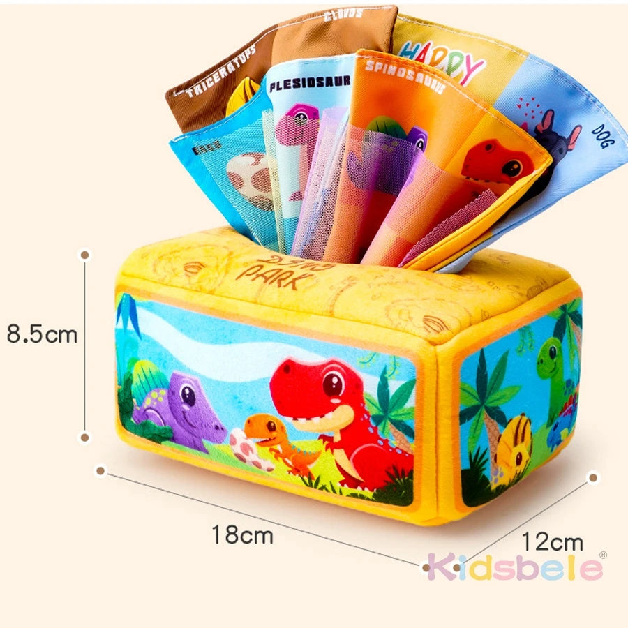 Montessori Tissue Box Toy for Baby Soft Pulling Cloth Sensory Fine Motor Skills and Calm Play for Toddlers Travel Stroller