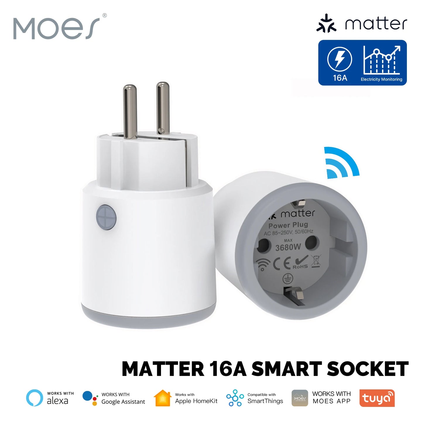 MOES Smart EU/US/UK Plug Matter WiFi Socket 15/16A Timer Outlet Power