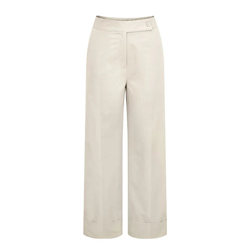 Women's Solid Color High Waist Wide Leg Pants Cuffed Hem Button Closure Pockets Design Office Work & Casual Streetwear Outfit