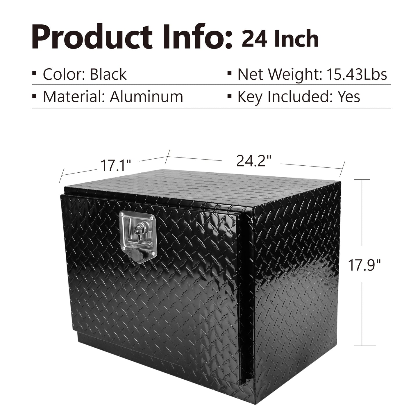 24 Inch Aluminum Stripes Plated Tool Box Pick Up Truck Bed RV Trailer Toolbox Waterproof Square Storage Organizer