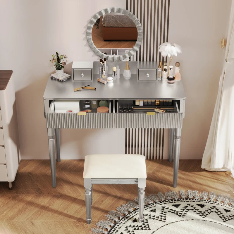 Vanity Desk With Round Mirror Height-Adjustable  Stylish Dressing Table Set  4 Drawers & Stool  Sier