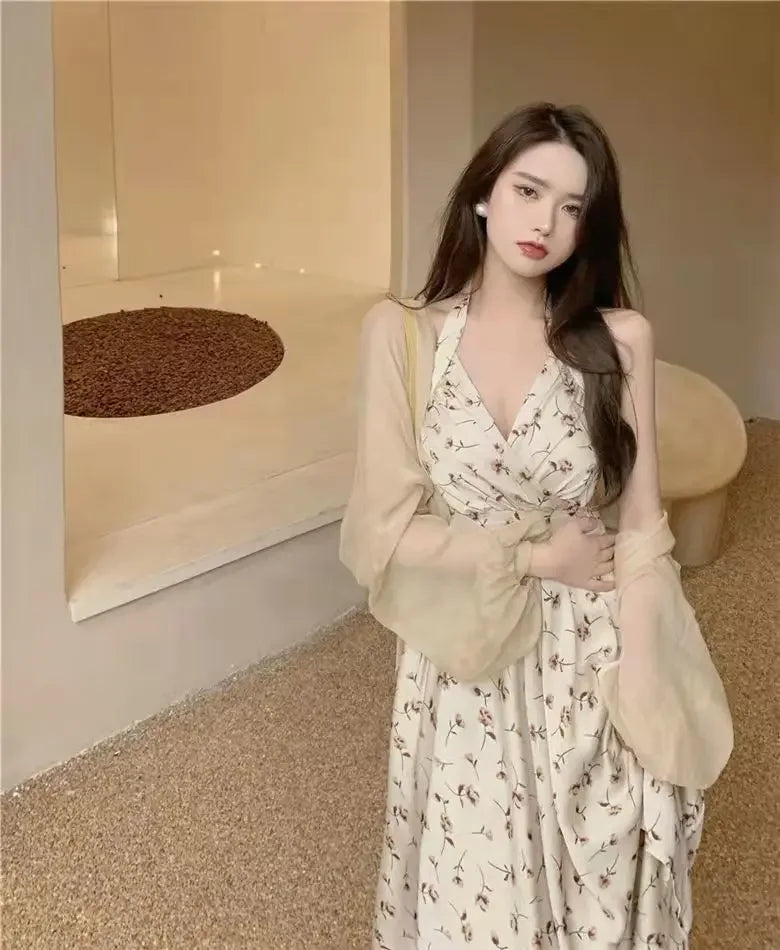 Summer New Gentle Wind Fragmented Flower V-Neck Sling Dress Set Waist Wrap Neck Hanging Long Dress Thin Sun Protection Cardigan