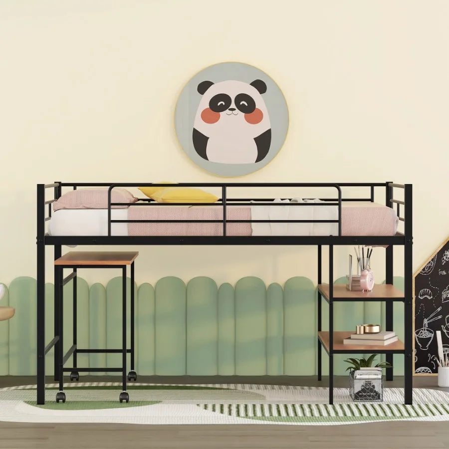 Twin Size Metal Loft Bed with Desk and Shelves