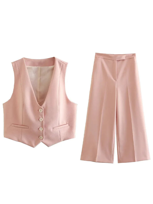 2 Piece Set Pink Tank Tops & Straight Leg Pants