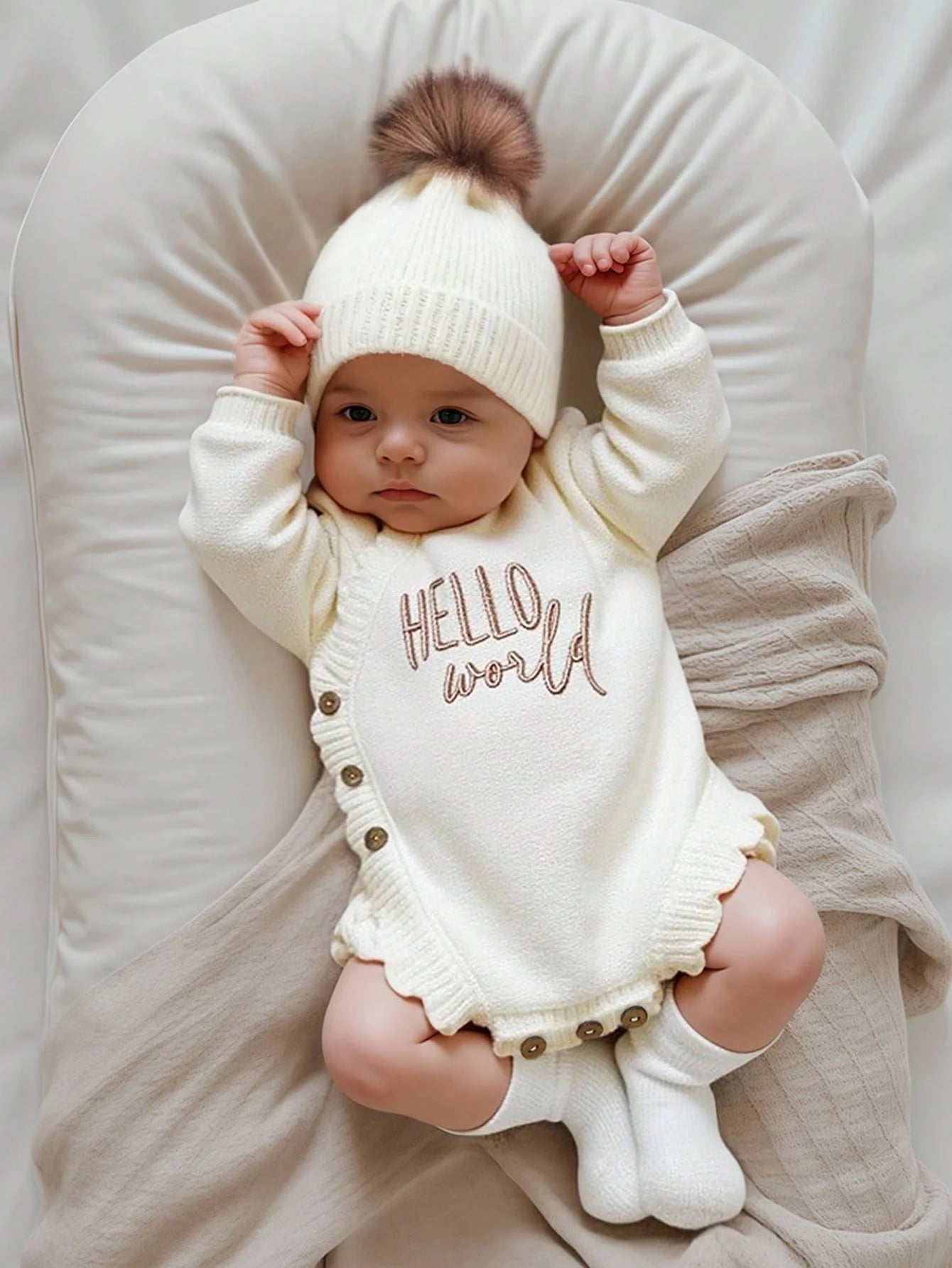 Ylsteed Hello World Knitting Newborn Photography Romper With Matching Pomp Hat Baby Boy Girl Sweater Outfits Photo Shooting-HD
